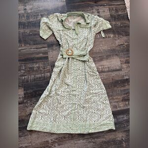Sage Green Patterned Midi Shirt Dress with Belt